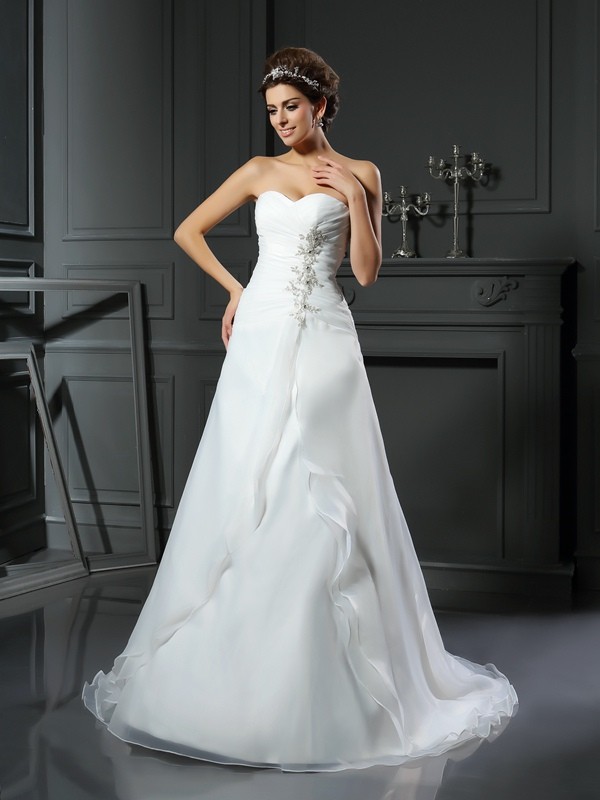 A-Line/Princess Sweetheart Ruched Sleeveless Long Satin Wedding Dresses 1845