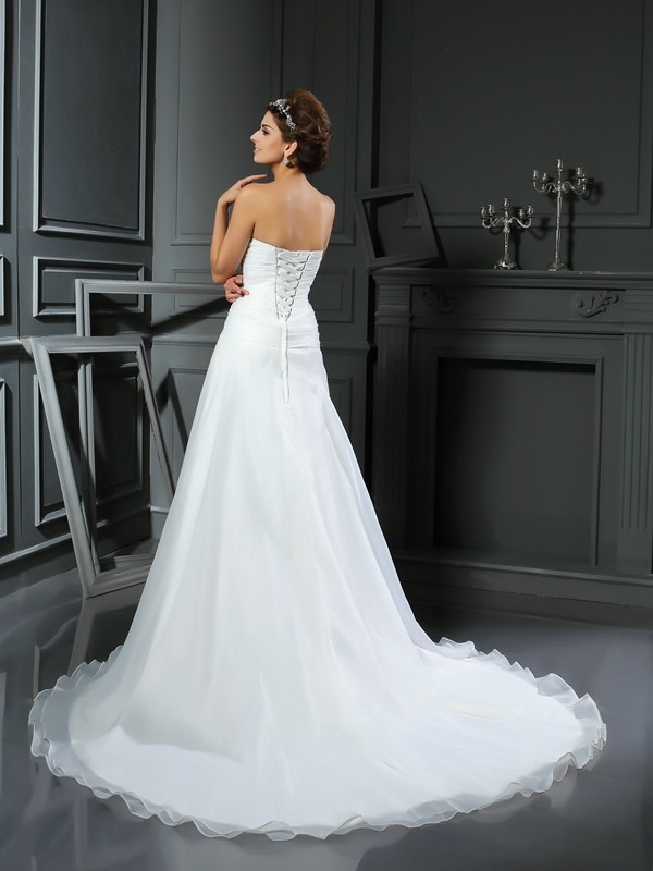 A-Line/Princess Sweetheart Ruched Sleeveless Long Satin Wedding Dresses 1845