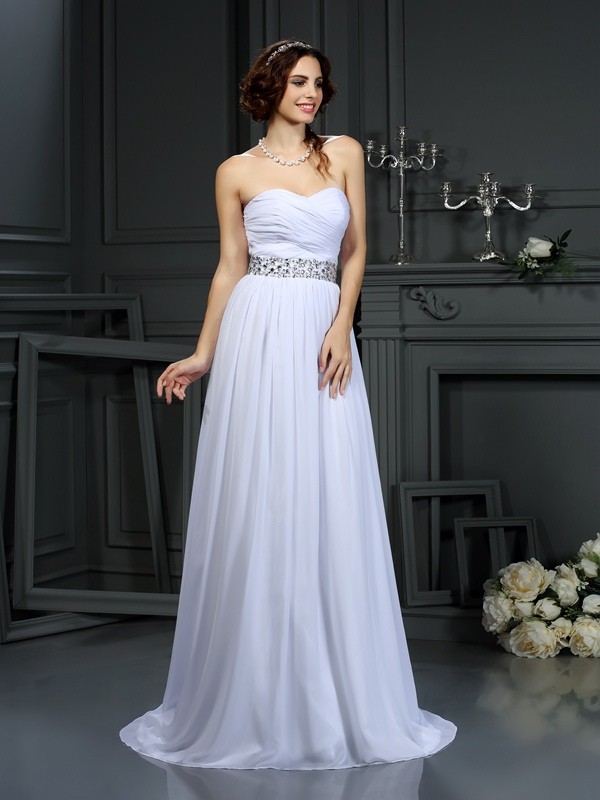 A-Line/Princess Sweetheart Beading Sleeveless Long Chiffon Wedding Dresses 1833