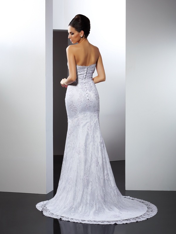 Trumpet/Mermaid Sweetheart Applique Sleeveless Long Lace Wedding Dresses 2024