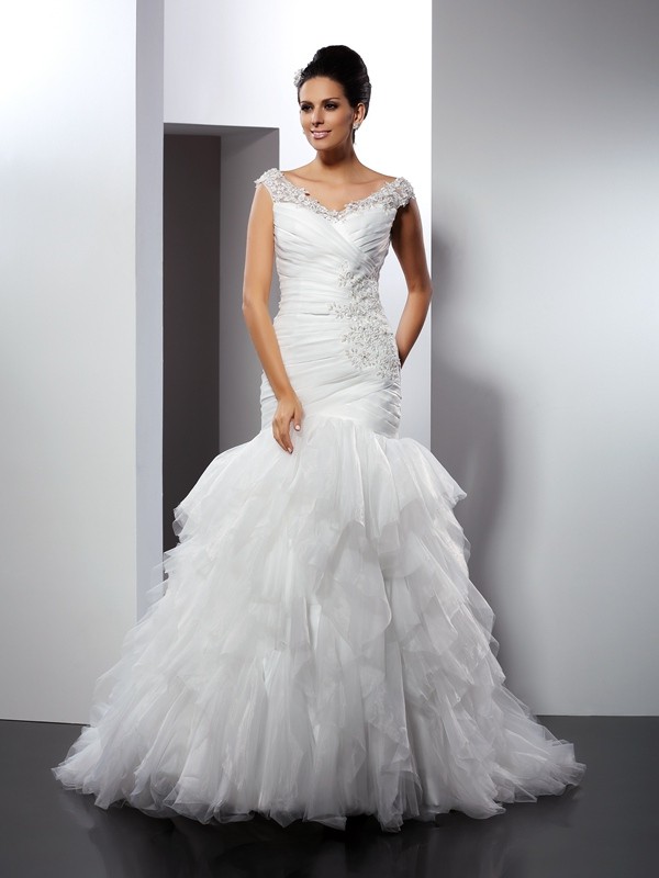 Trumpet/Mermaid V-neck Applique Sleeveless Long Tulle Wedding Dresses 2044