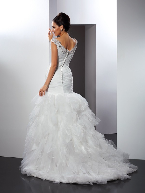 Trumpet/Mermaid V-neck Applique Sleeveless Long Tulle Wedding Dresses 2044