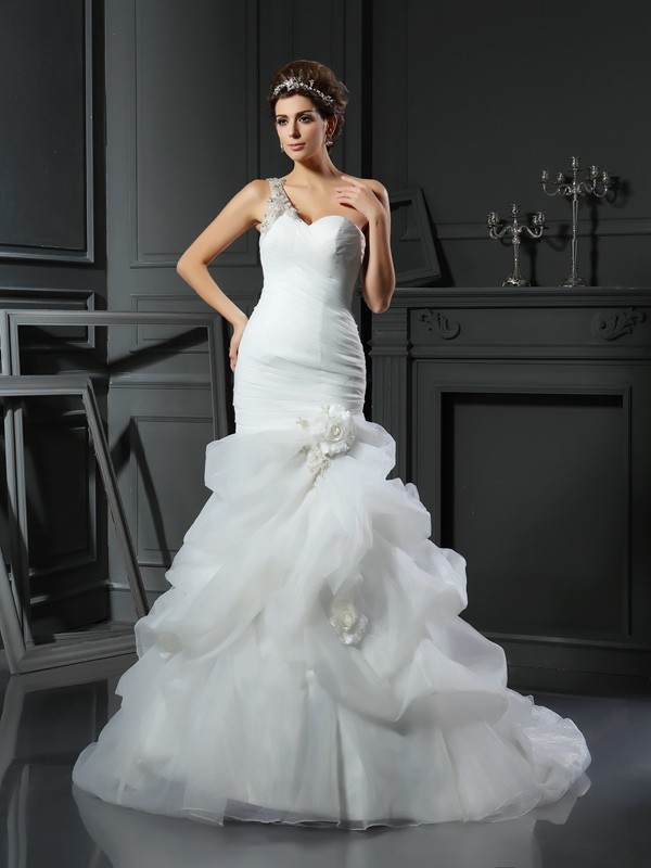 Trumpet/Mermaid Sweetheart Ruffles Sleeveless Long Satin Wedding Dresses 2040