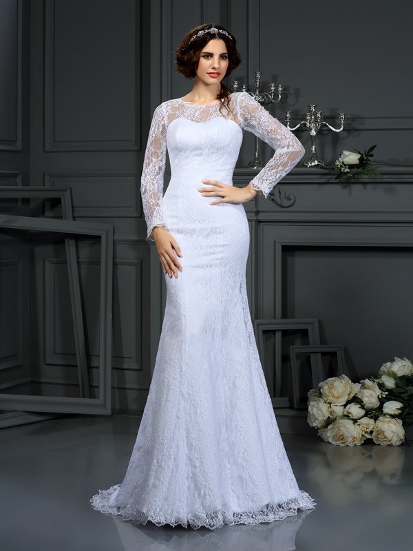 Sheath/Column Scoop Lace Long Sleeves Long Satin Wedding Dresses 1435