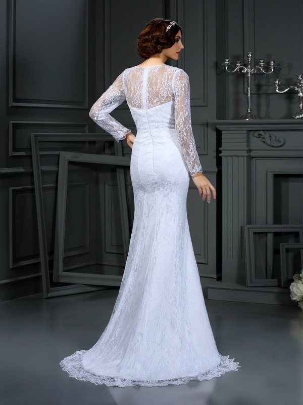 Sheath/Column Scoop Lace Long Sleeves Long Satin Wedding Dresses 1435