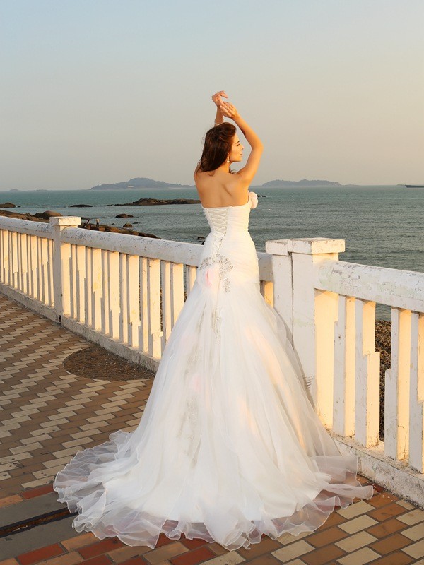 Ball Gown Strapless Hand-Made Flower Sleeveless Long Satin Beach Wedding Dresses 1267