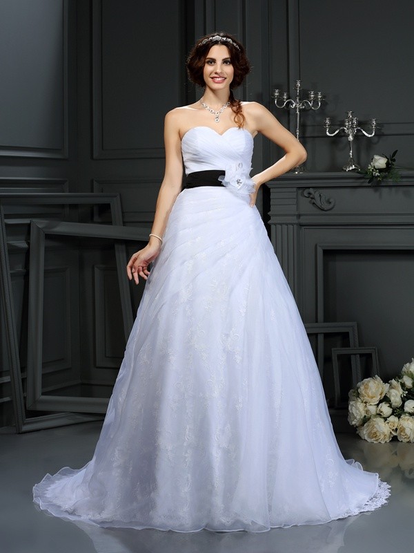 A-Line/Princess Sweetheart Sash/Ribbon/Belt Sleeveless Long Satin Wedding Dresses 1848