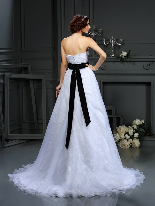 A-Line/Princess Sweetheart Sash/Ribbon/Belt Sleeveless Long Satin Wedding Dresses 1848