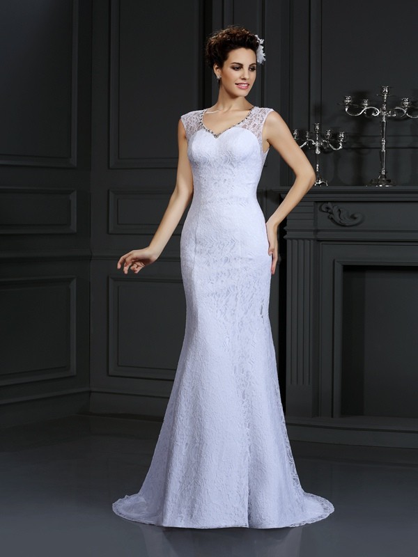 Sheath/Column V-neck Lace Sleeveless Long Satin Wedding Dresses 1989