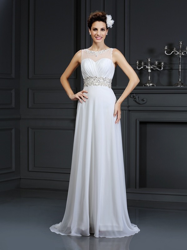 A-Line/Princess Bateau Ruffles Sleeveless Long Chiffon Wedding Dresses 1762