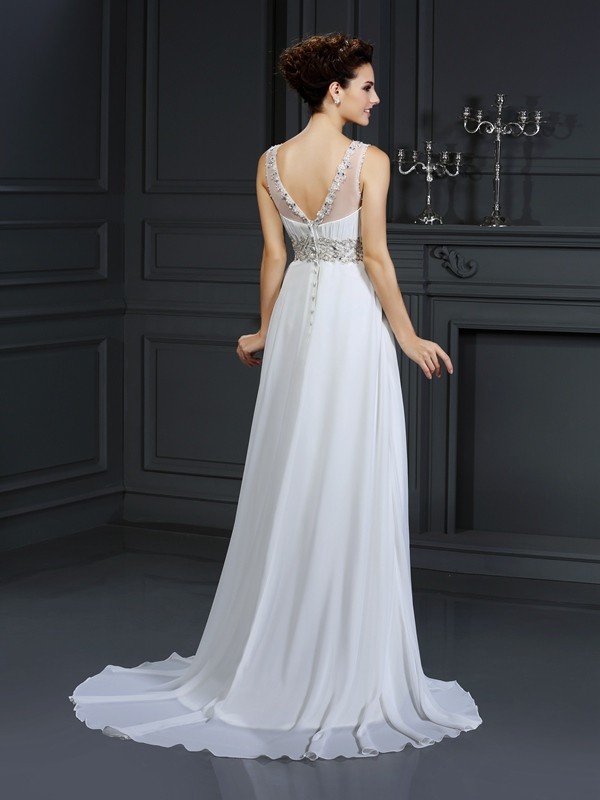 A-Line/Princess Bateau Ruffles Sleeveless Long Chiffon Wedding Dresses 1762