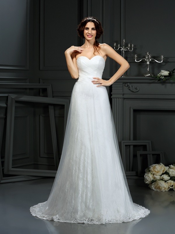 A-Line/Princess Sweetheart Pleats Sleeveless Long Net Wedding Dresses 1844