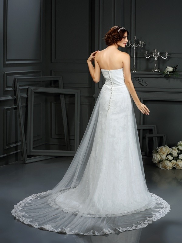 A-Line/Princess Sweetheart Pleats Sleeveless Long Net Wedding Dresses 1844