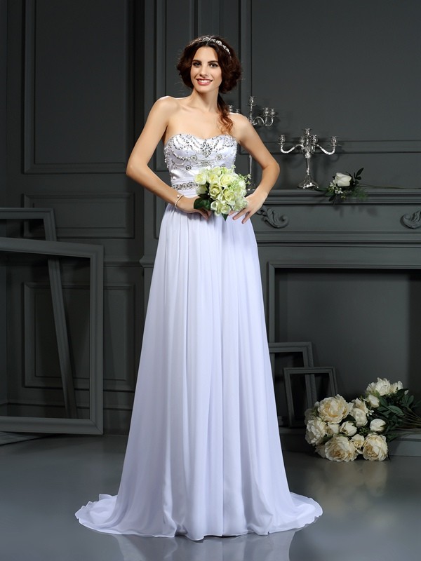 A-Line/Princess Sweetheart Beading Sleeveless Long Chiffon Wedding Dresses 1834