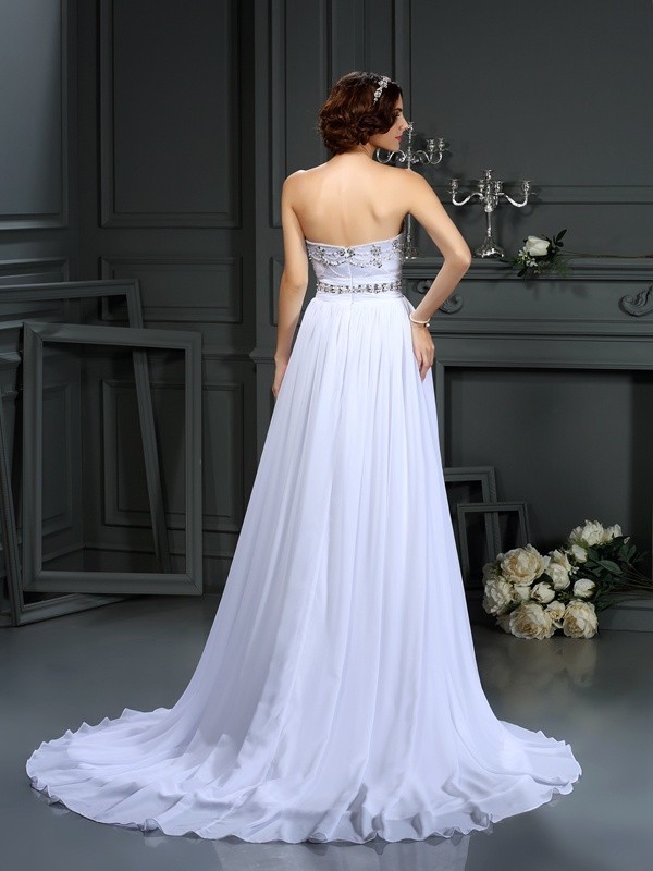 A-Line/Princess Sweetheart Beading Sleeveless Long Chiffon Wedding Dresses 1834