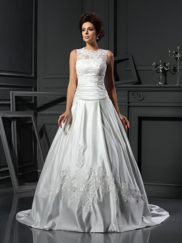 A-Line/Princess High Neck Applique Sleeveless Long Satin Wedding Dresses 1782