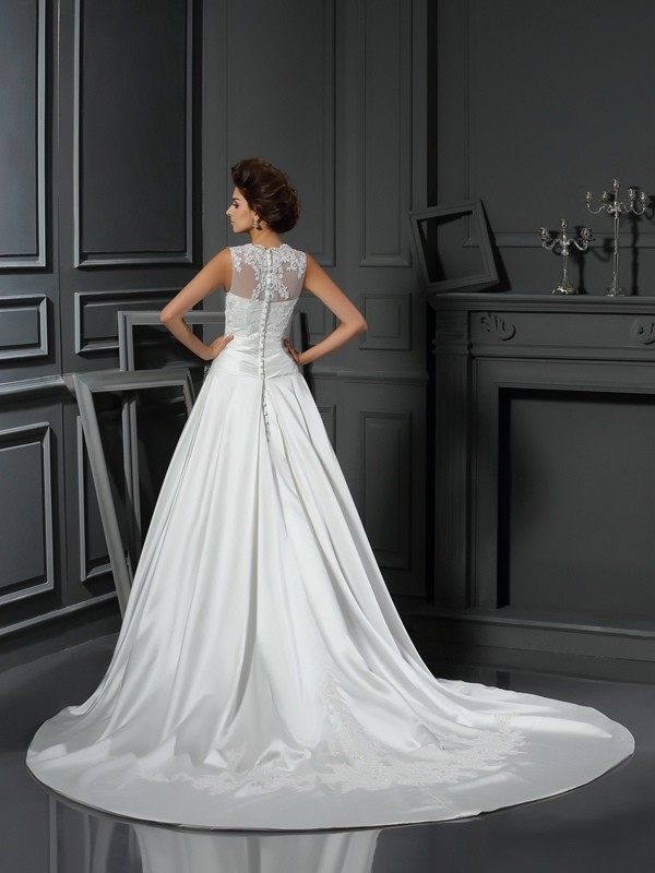 A-Line/Princess High Neck Applique Sleeveless Long Satin Wedding Dresses 1782