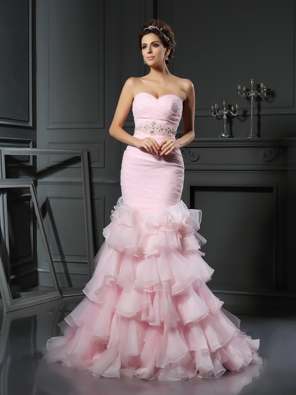 Trumpet/Mermaid Sweetheart Beading Sleeveless Long Organza Wedding Dresses 2033