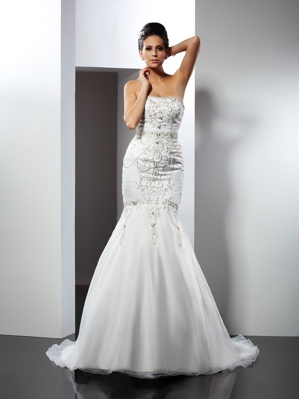 Trumpet/Mermaid Strapless Applique Sleeveless Long Satin Wedding Dresses 2014