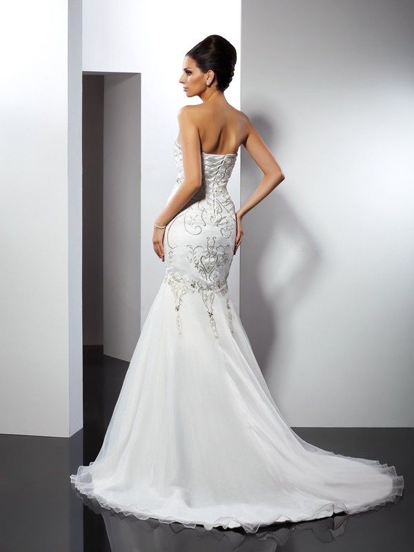 Trumpet/Mermaid Strapless Applique Sleeveless Long Satin Wedding Dresses 2014