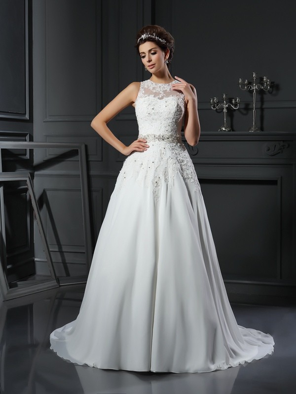 A-Line/Princess High Neck Beading Sleeveless Long Chiffon Wedding Dresses 1783