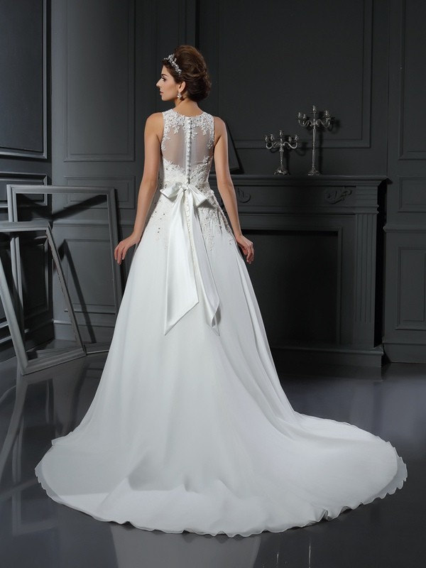 A-Line/Princess High Neck Beading Sleeveless Long Chiffon Wedding Dresses 1783