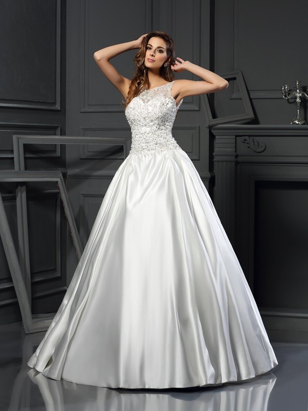 Ball Gown Scoop Applique Sleeveless Long Satin Wedding Dresses 1902