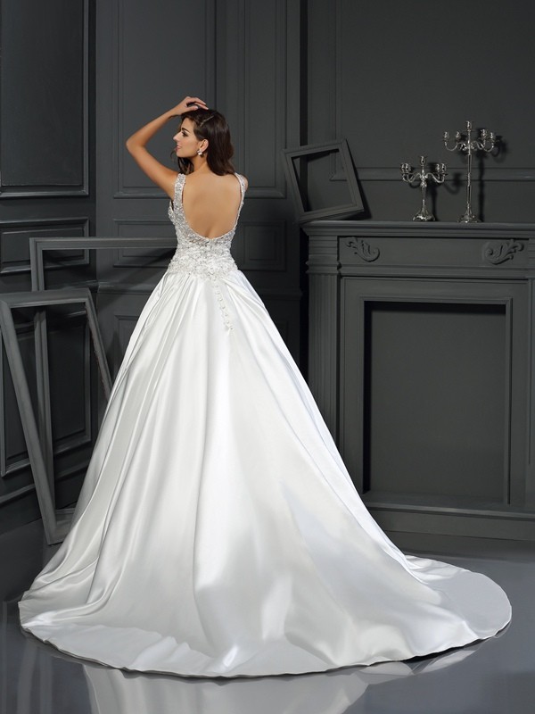 Ball Gown Scoop Applique Sleeveless Long Satin Wedding Dresses 1902