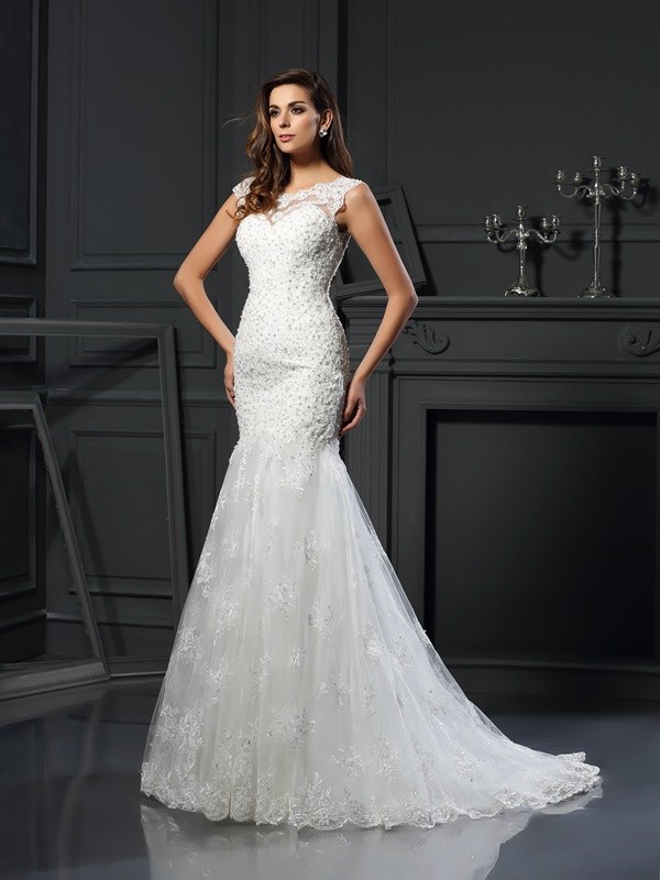 Trumpet/Mermaid Scoop Applique Short Sleeves Long Tulle Wedding Dresses 1626