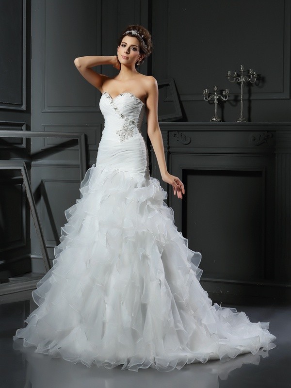 Trumpet/Mermaid Sweetheart Ruffles Sleeveless Long Organza Wedding Dresses 2039