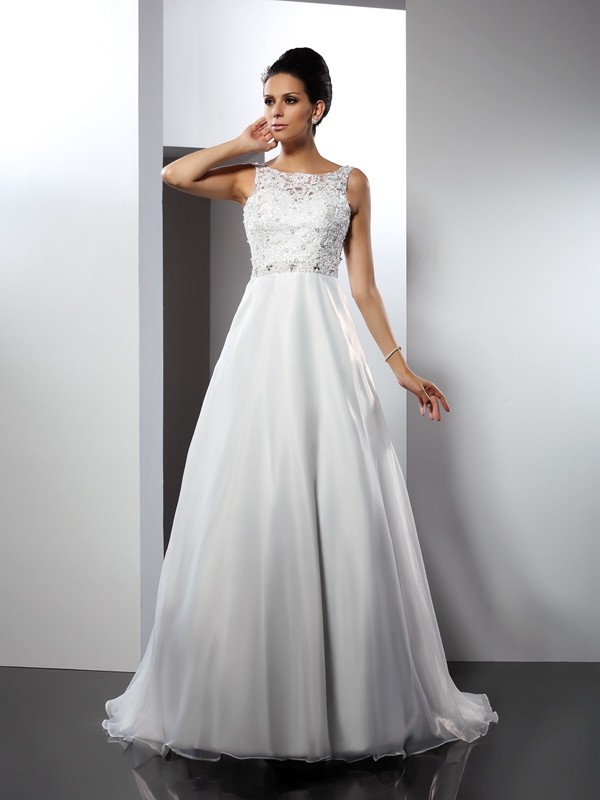 A-Line/Princess Scoop Ruffles Sleeveless Long Satin Wedding Dresses 1801