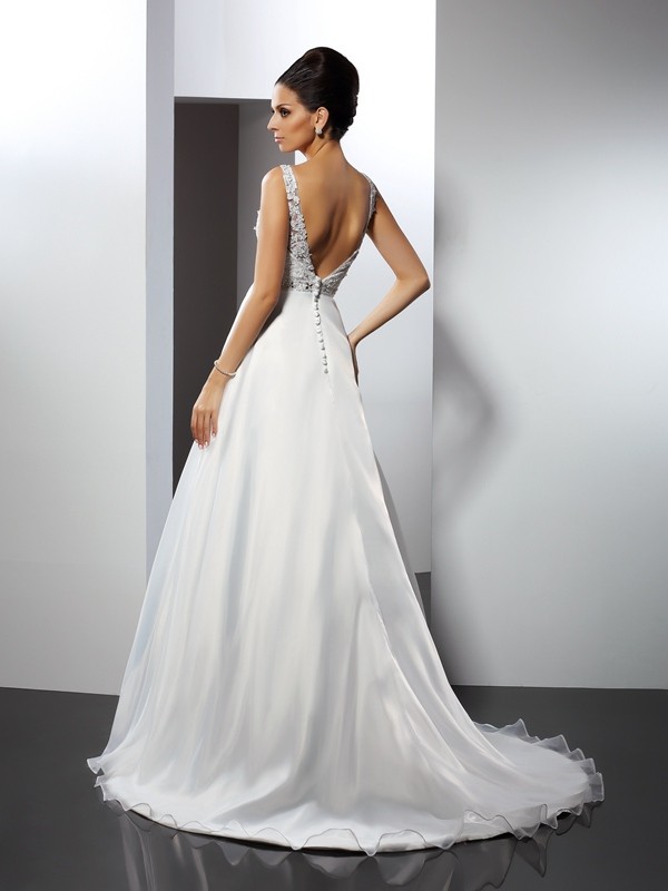 A-Line/Princess Scoop Ruffles Sleeveless Long Satin Wedding Dresses 1801