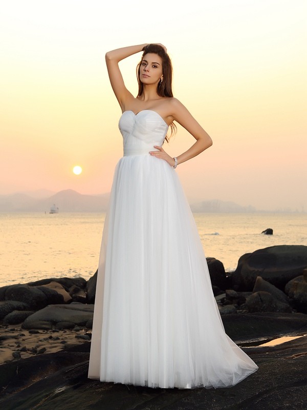 A-Line/Princess Sweetheart Sleeveless Long Net Beach Wedding Dresses 1855