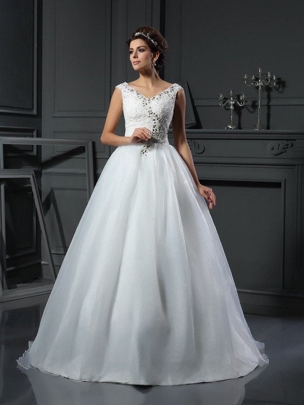 A-Line/Princess V-neck Beading Sleeveless Long Organza Wedding Dresses 1866