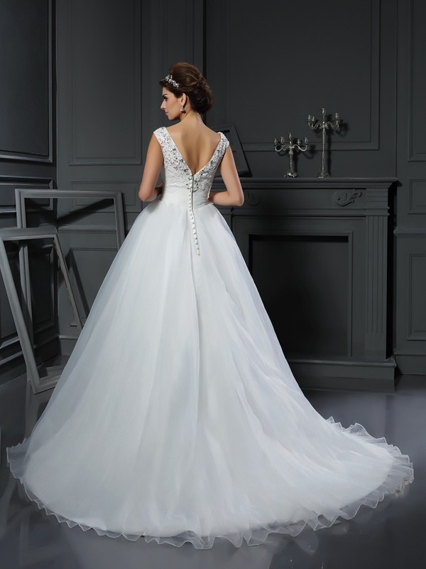 A-Line/Princess V-neck Beading Sleeveless Long Organza Wedding Dresses 1866