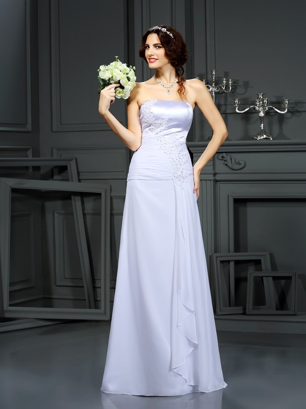 Sheath/Column Strapless Beading Sleeveless Long Chiffon Wedding Dresses 1971