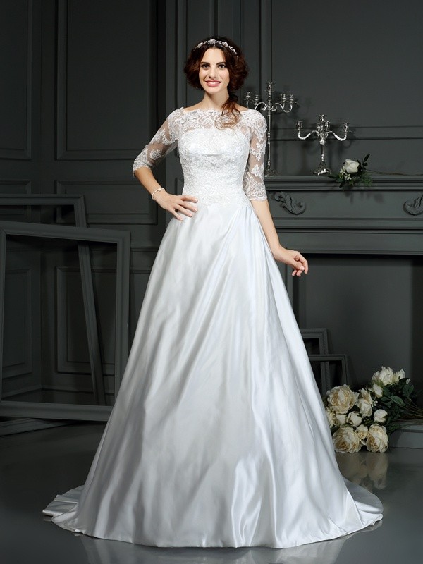 A-Line/Princess Bateau Lace 1/2 Sleeves Long Satin Wedding Dresses 619