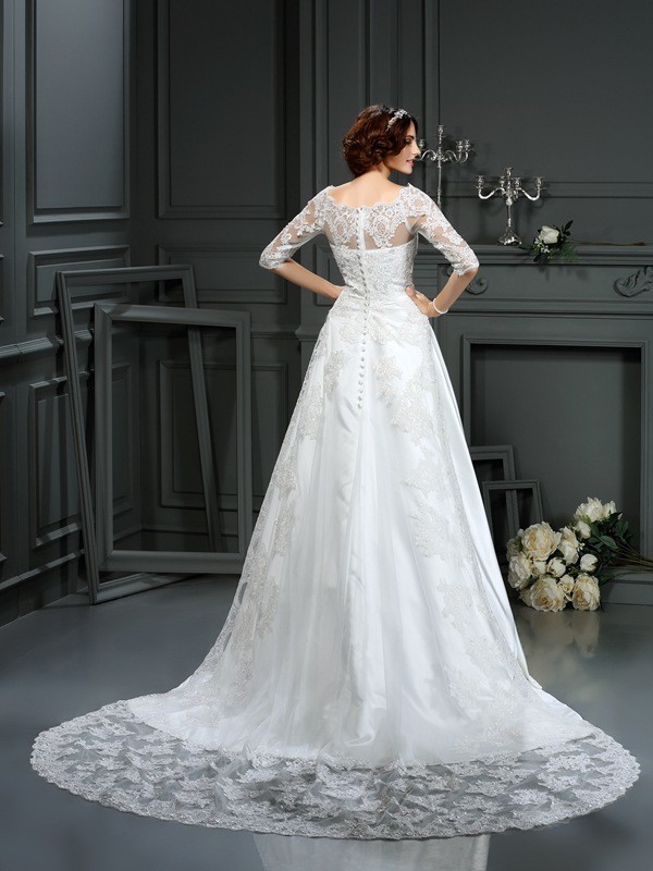 A-Line/Princess Bateau Lace 1/2 Sleeves Long Satin Wedding Dresses 619