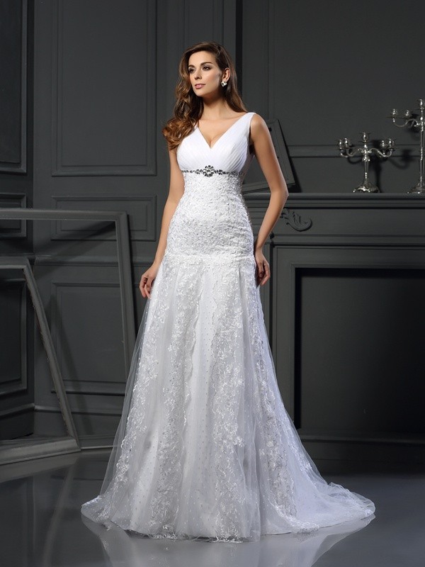 A-Line/Princess V-neck Beading Sleeveless Long Satin Wedding Dresses 1868