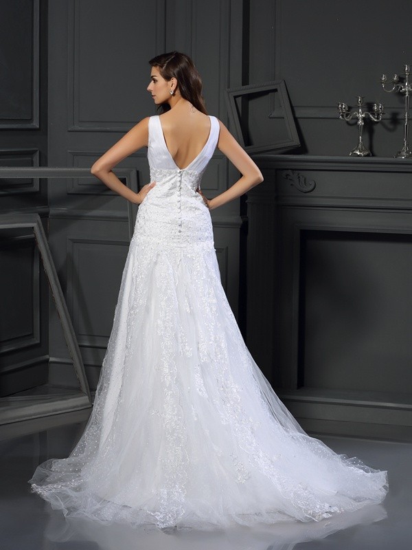 A-Line/Princess V-neck Beading Sleeveless Long Satin Wedding Dresses 1868