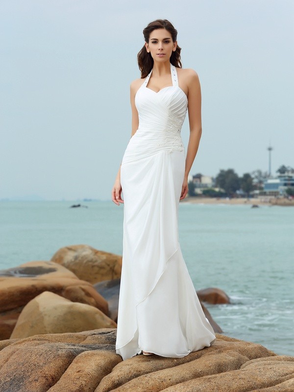 Sheath/Column Halter Pleats Sleeveless Long Chiffon Beach Wedding Dresses 1956