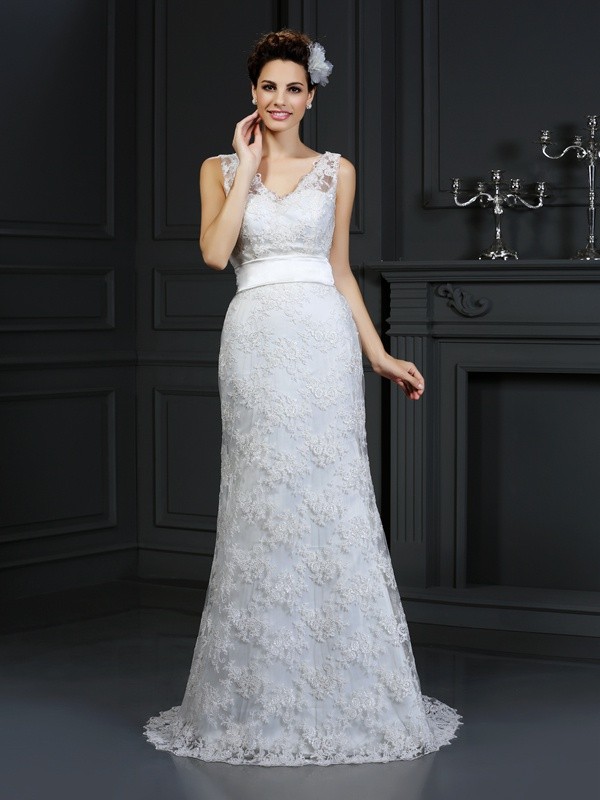 Trumpet/Mermaid Sweetheart Applique Sleeveless Long Lace Wedding Dresses 2025