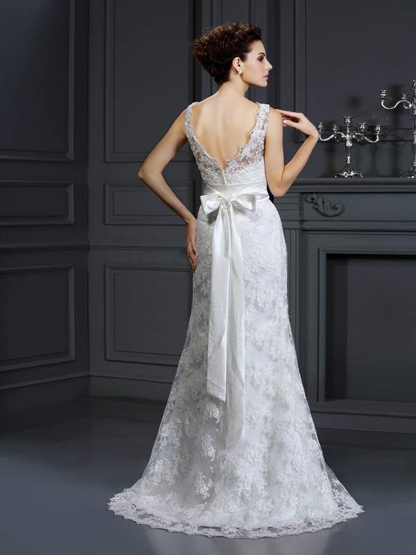 Trumpet/Mermaid Sweetheart Applique Sleeveless Long Lace Wedding Dresses 2025