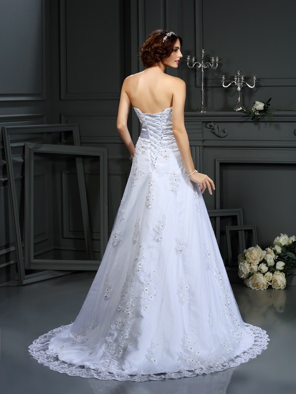 A-Line/Princess Strapless Applique Sleeveless Long Satin Wedding Dresses 1811