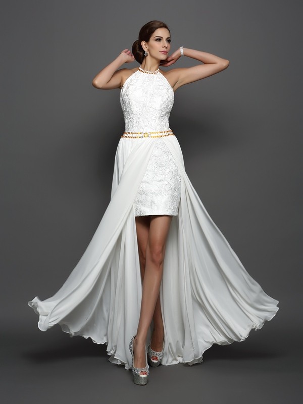 A-Line/Princess High Neck Lace Sleeveless Long Chiffon Wedding Dresses 1784