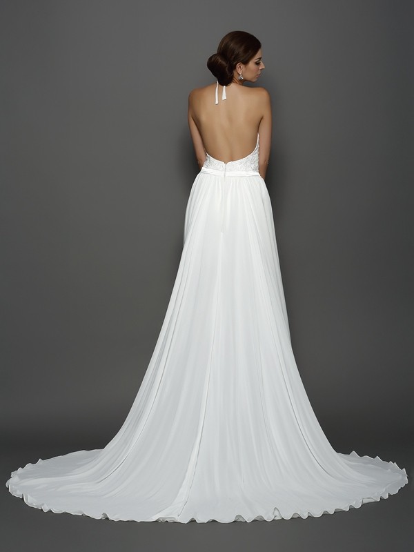 A-Line/Princess High Neck Lace Sleeveless Long Chiffon Wedding Dresses 1784