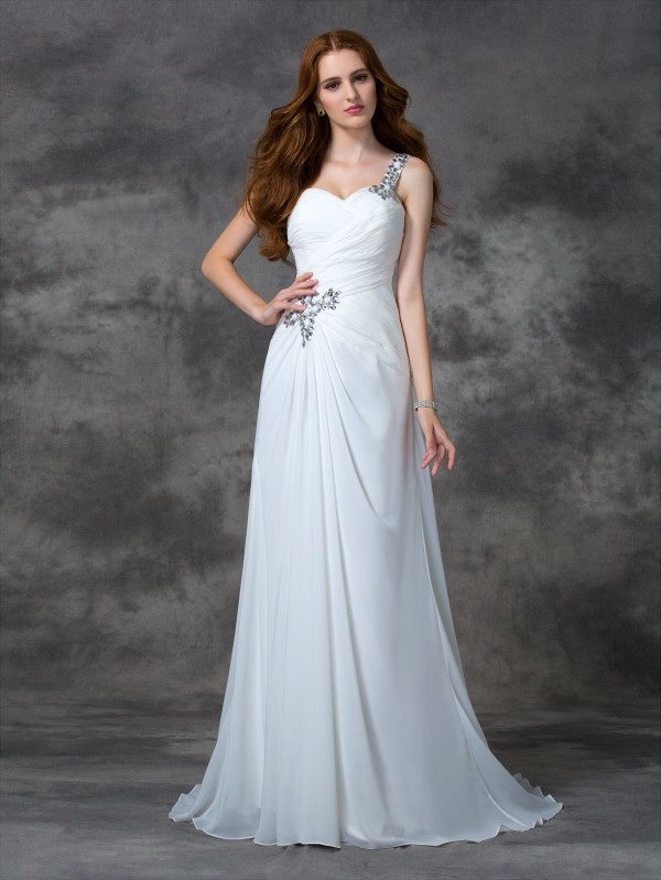 A-line/Princess One-Shoulder Beading Sleeveless Long Chiffon Dresses 1793