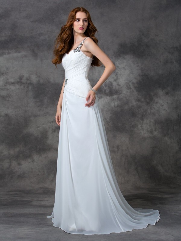 A-line/Princess One-Shoulder Beading Sleeveless Long Chiffon Dresses 1793