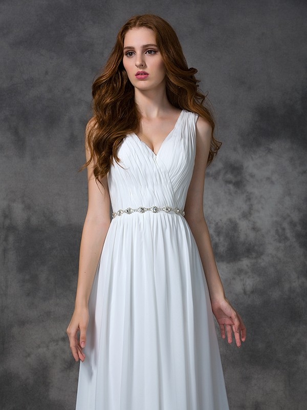 A-line/Princess V-neck Beading Sleeveless Long Chiffon Dresses 1861