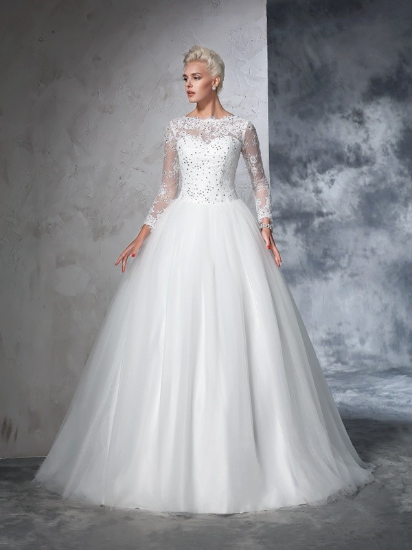 Ball Gown Bateau Lace Long Sleeves Long Net Wedding Dresses 1881